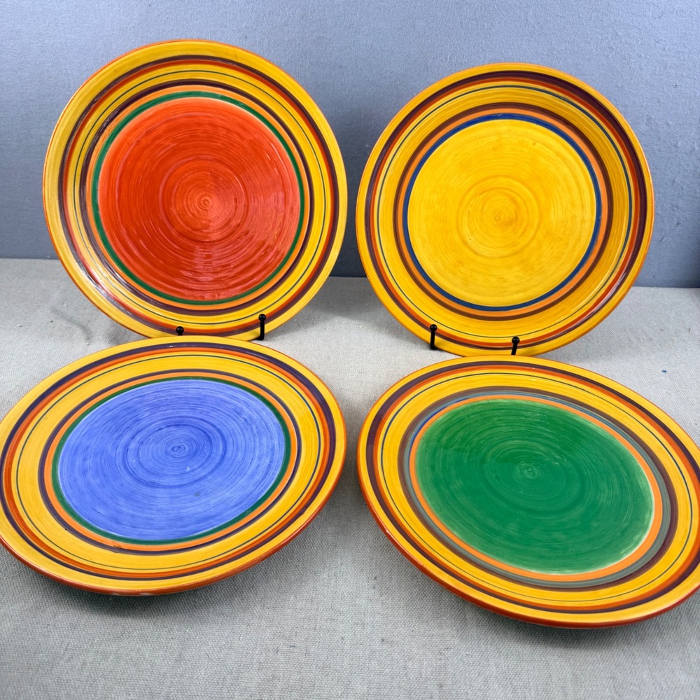 4pc Pacific Rim Handpainted Exclusive Stoneware Striped Dinner Plates 10"